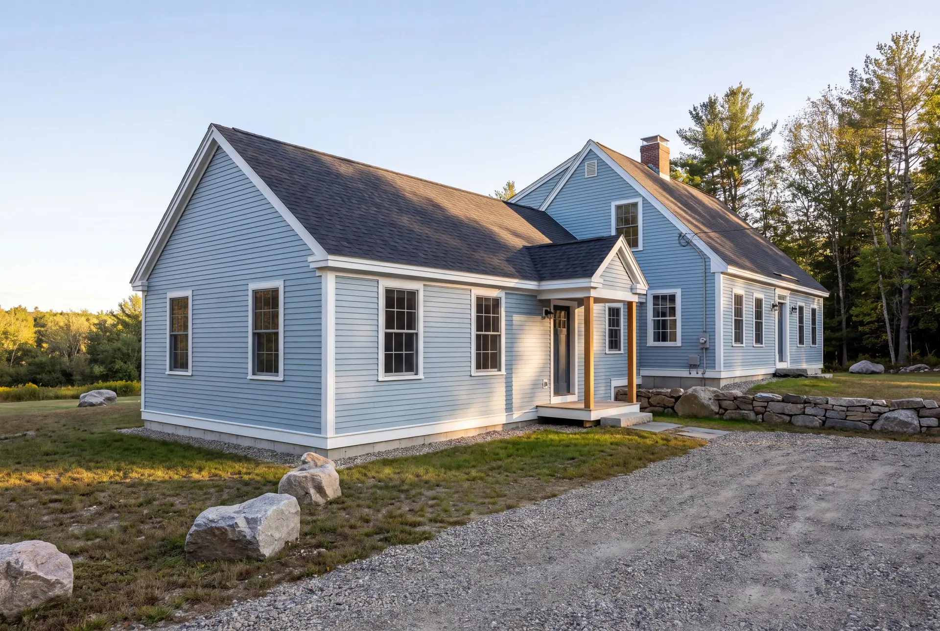 Illustration: A light blue clapboard house with a new single-story addition, seen from a three-quarter exterior view, with a gravel driveway and trees in the background