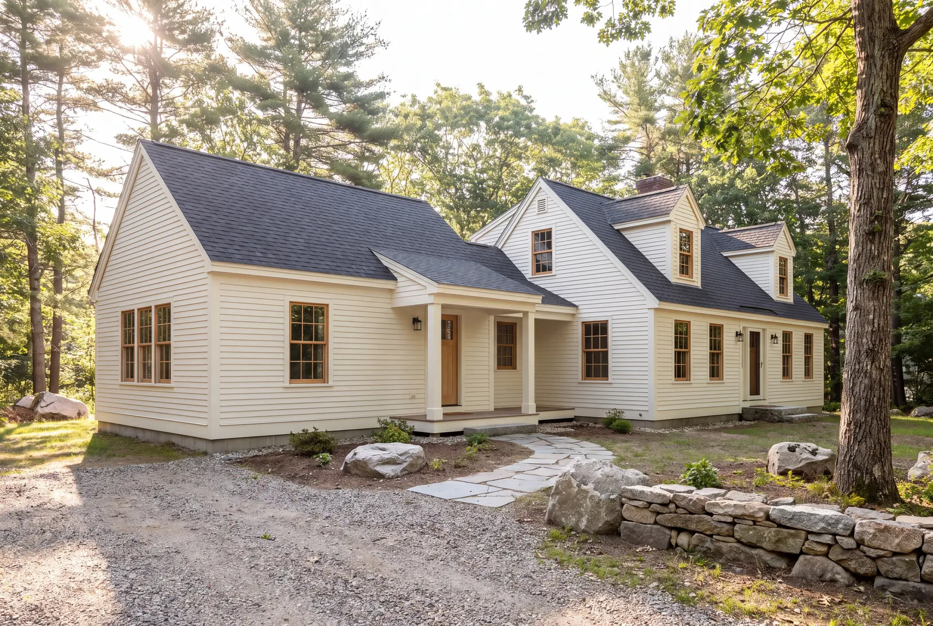 Illustration: An exterior view of a white clapboard house with a new addition, featuring a dark gray roof, brown-framed windows, and a covered entry, surrounded by trees and a gravel driveway with a flagstone path