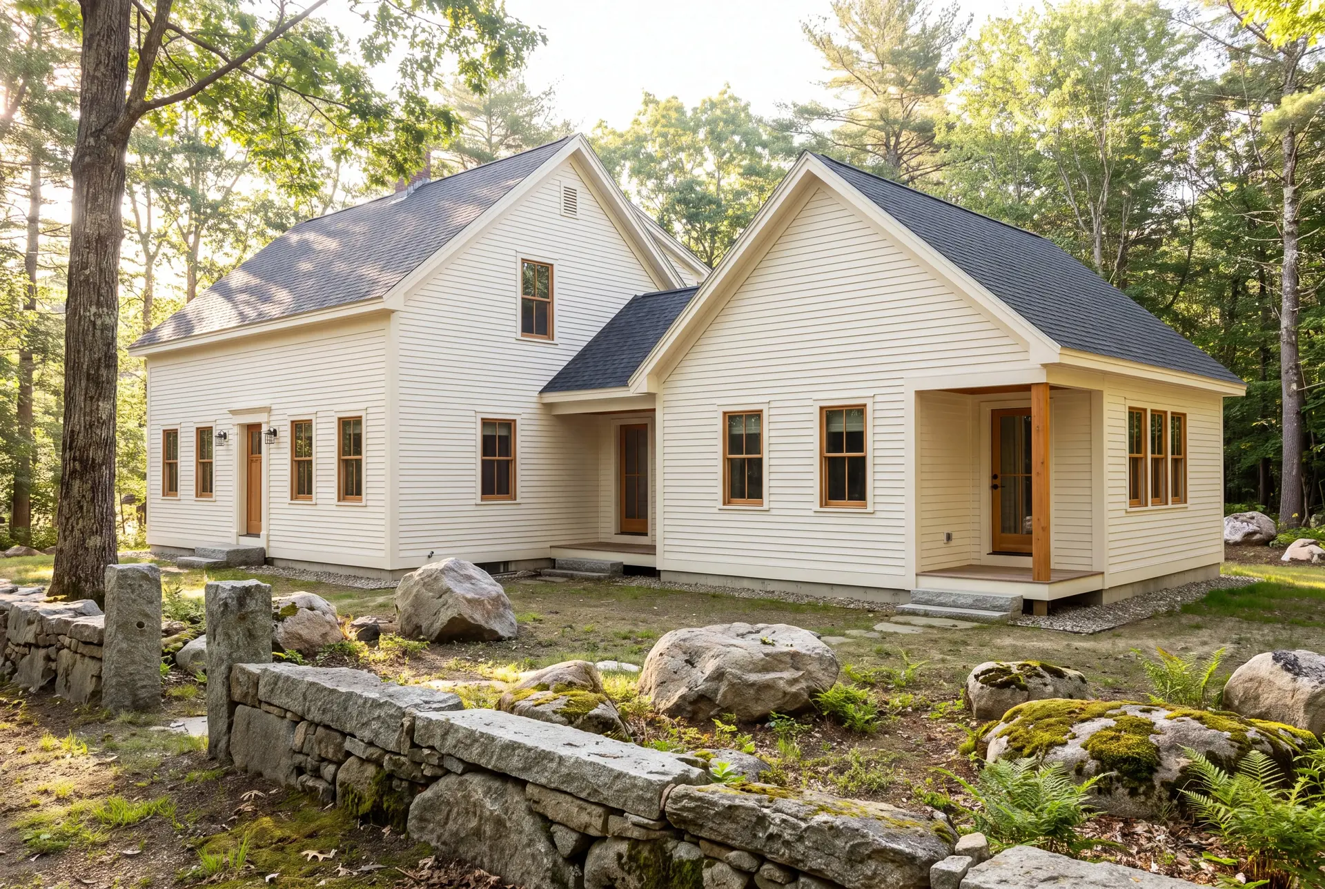 Illustration: An exterior view of a white clapboard farmhouse with a new single-story addition, surrounded by trees and a rocky, natural landscape