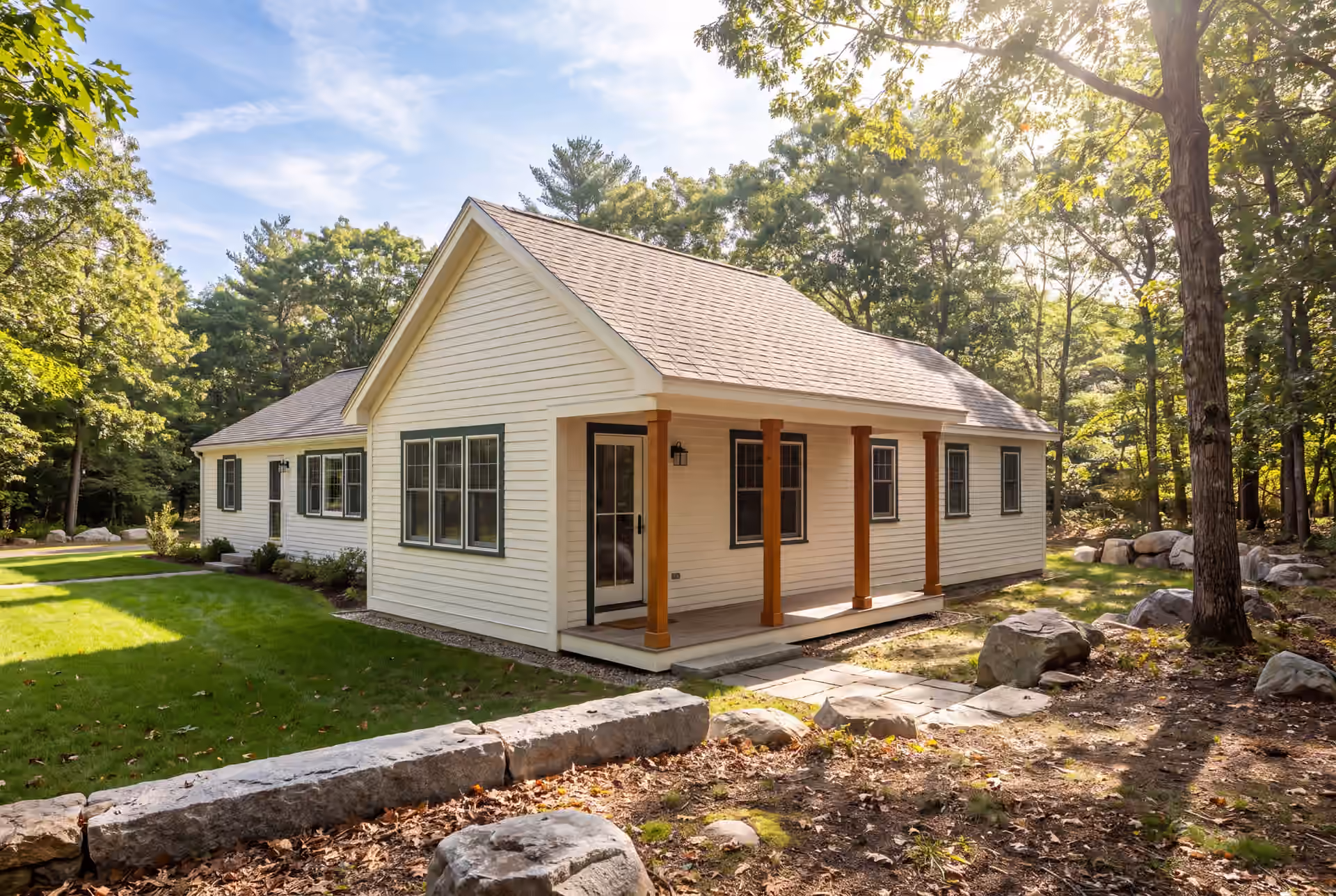 home addition builder in Old Orchard Beach, ME: illustrative scene, A three-quarter exterior view of a single-story house with a new addition, featuring white siding, green trim, and a covered porch with wooden posts, set amidst trees and rocks
