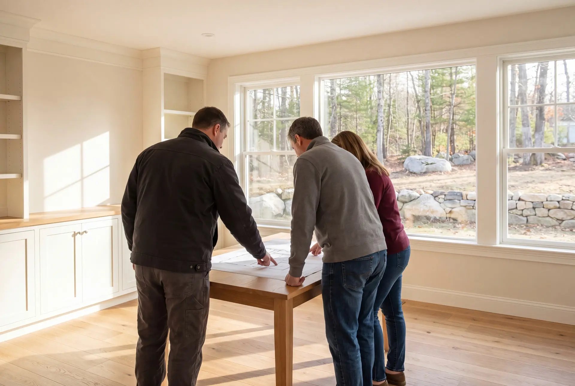 Illustration: Three people, a builder and two homeowners, review blueprints on a table in a newly finished living room with large windows and built-in cabinets