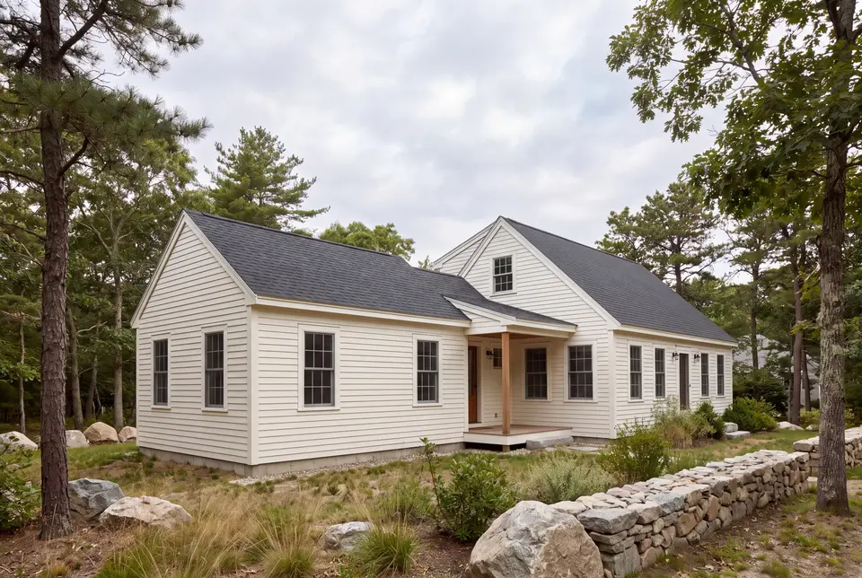 Illustration: A white clapboard house with a dark gray roof and a single-story addition, surrounded by trees and rocks under a cloudy sky