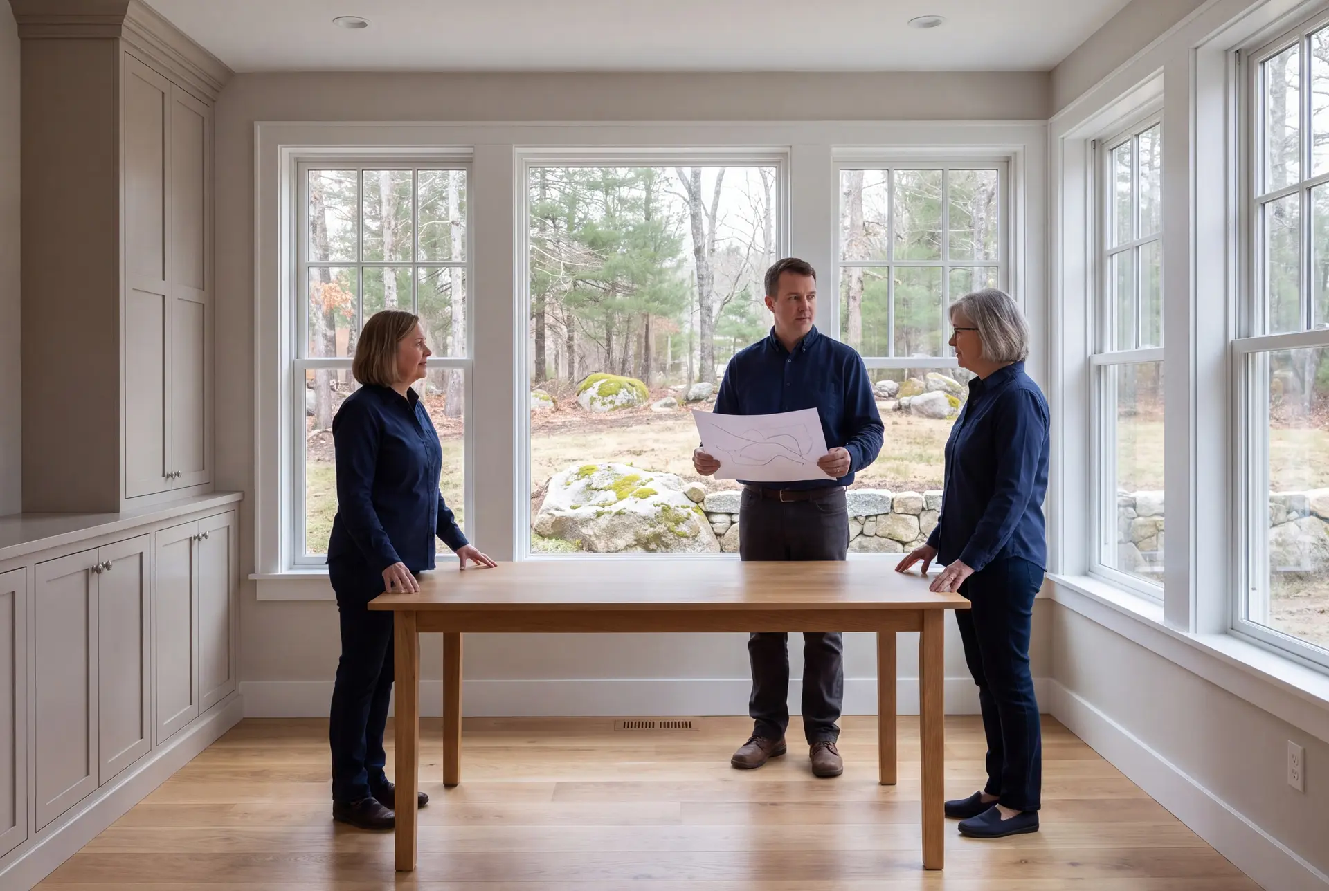 Illustration: Three people, a man and two women, stand around a wooden table in a bright room with large windows and built-in cabinets, looking at a document