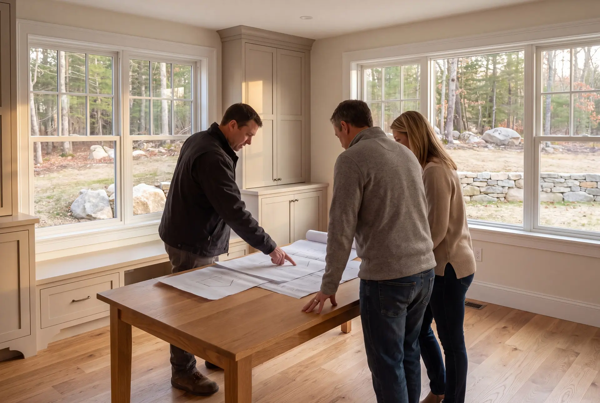 Illustration: Three people, a builder and two homeowners, reviewing architectural drawings on an oak table in a finished living room with mushroom cabinetry and oak floors