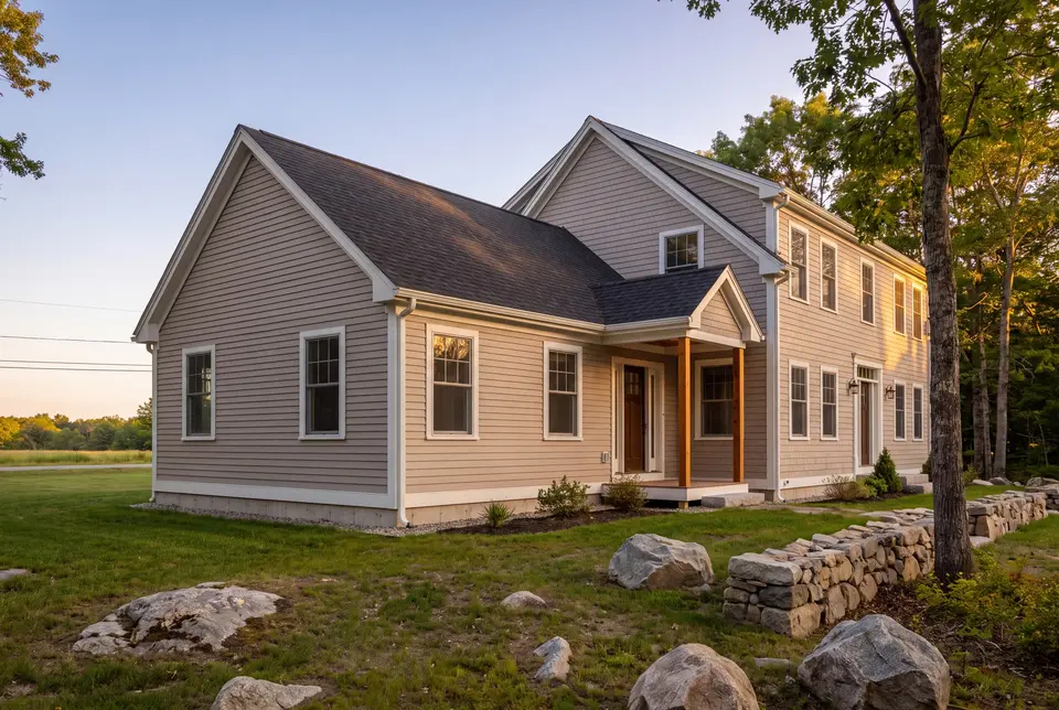 Illustration: A newly completed single-story addition attached to a two-story house, both with matching mushroom-colored siding and dark roofs, viewed from a three-quarter exterior angle with a grassy lawn and rocks in the foreground