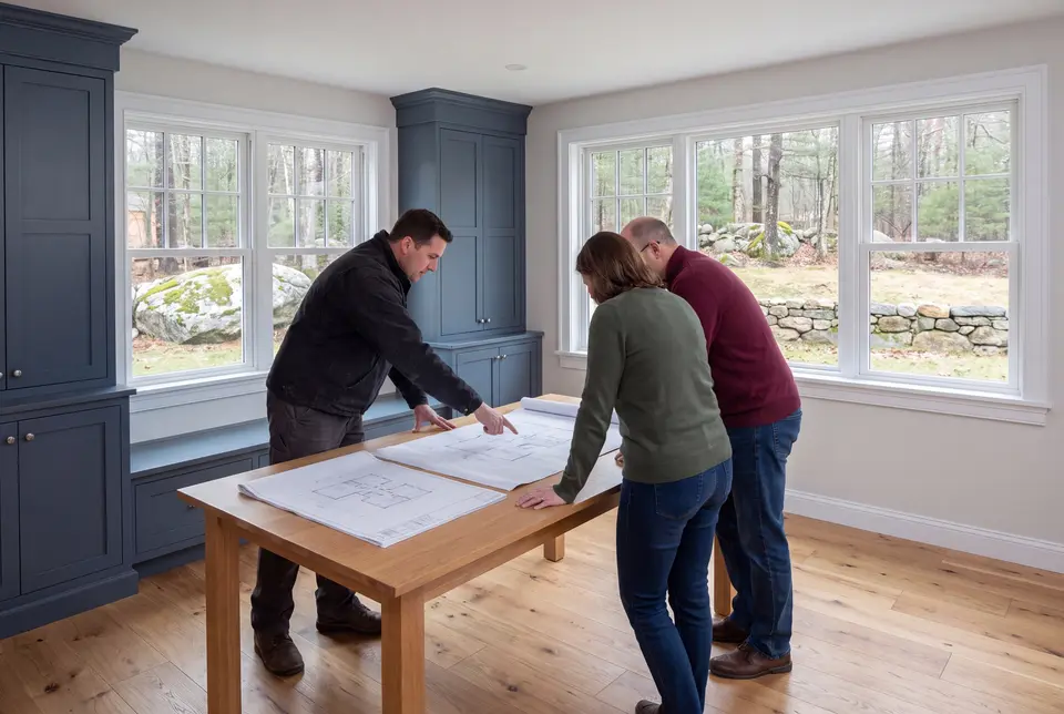 Illustration: Three people, a builder and two homeowners, reviewing architectural drawings on an oak table in a finished living room with blue cabinetry and oak floors
