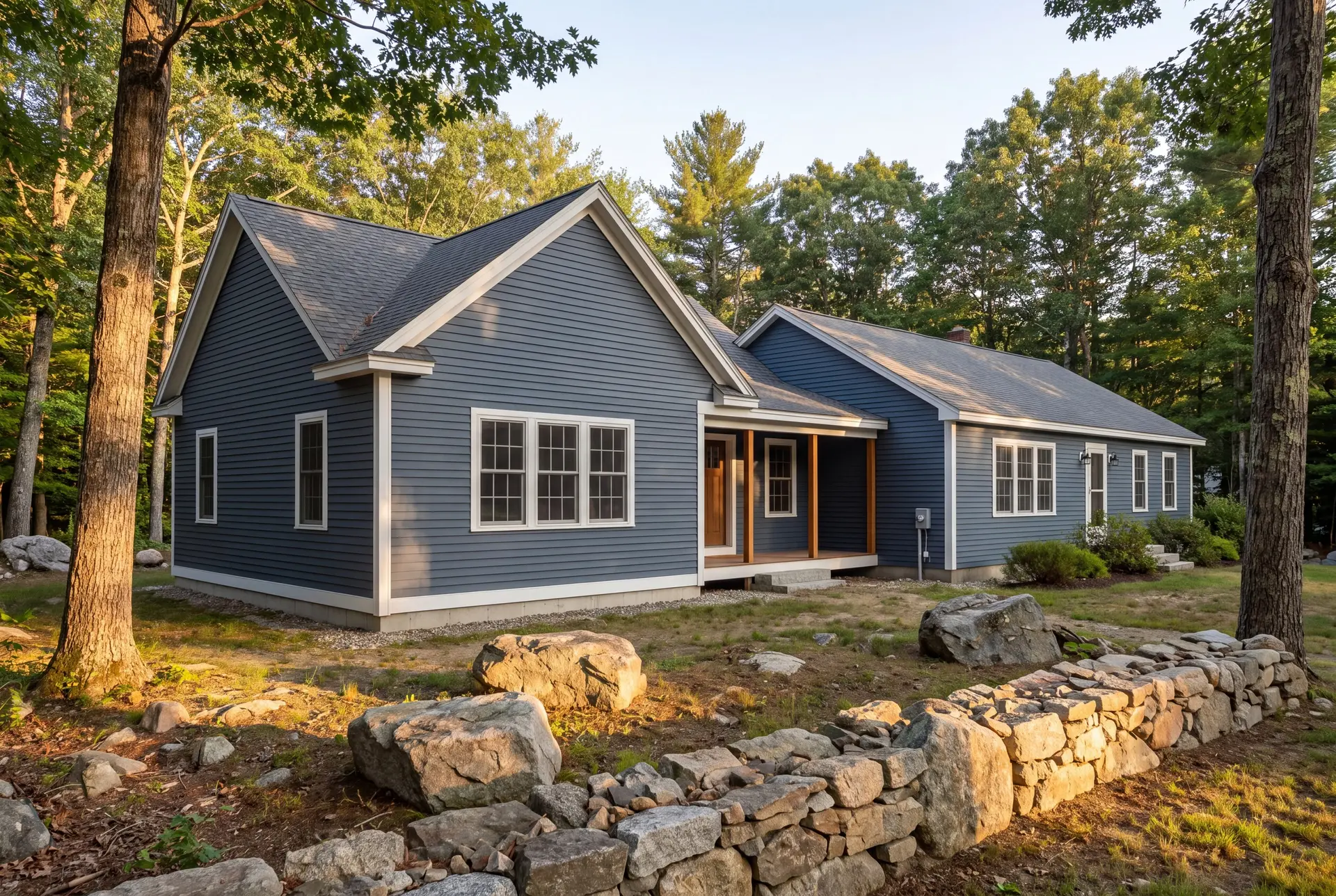 Illustration: A blue clapboard house with a new addition, featuring a covered entry with wooden posts, set in a rocky, wooded landscape
