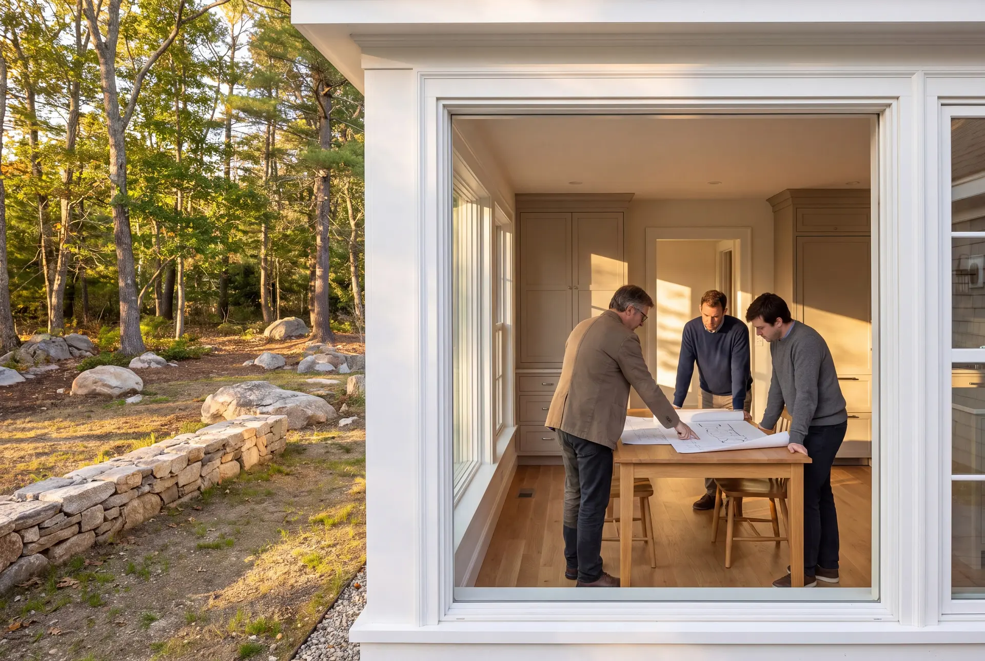 Illustration: Three men reviewing architectural drawings on a table in a sunlit living room with a natural outdoor view