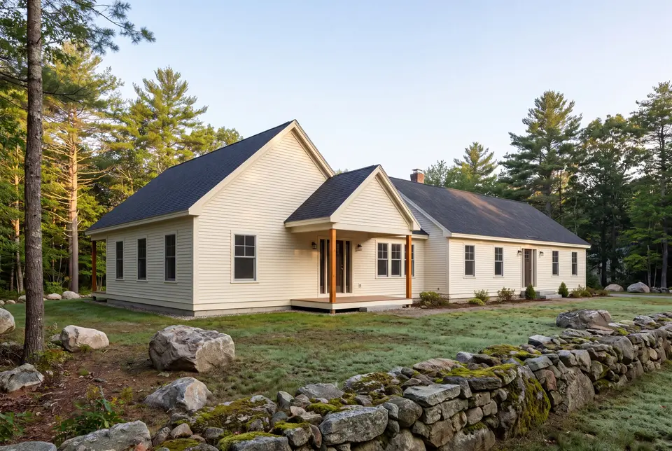Illustration: A single-story house with a new addition, featuring warm ivory siding and a dark roof, surrounded by a lawn, rocks, and trees