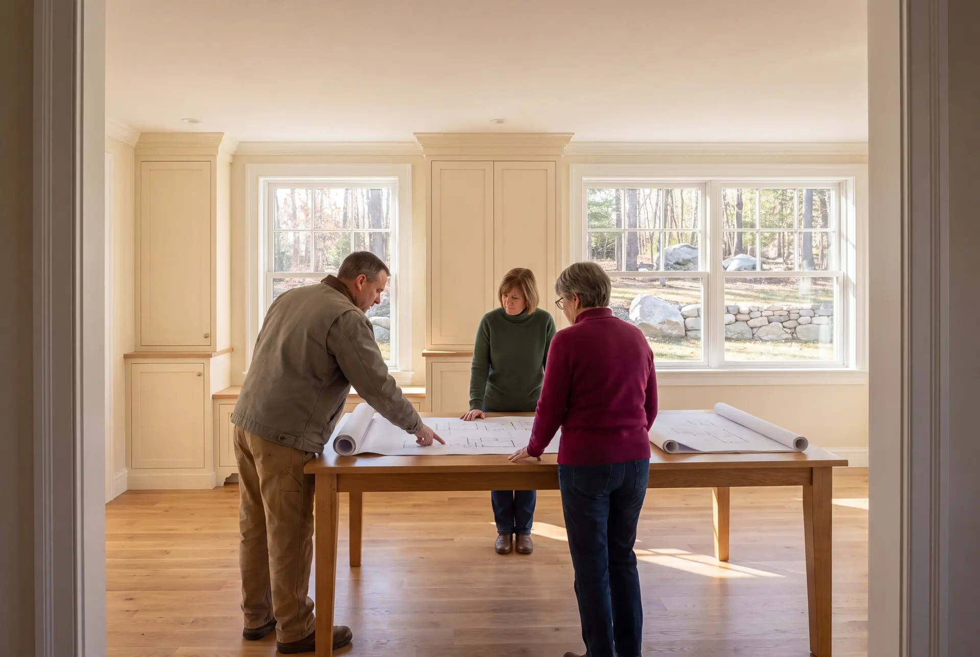 Illustration: Three adults, a man and two women, review architectural drawings on a wooden table in a bright, finished living room with oak floors and ivory cabinetry