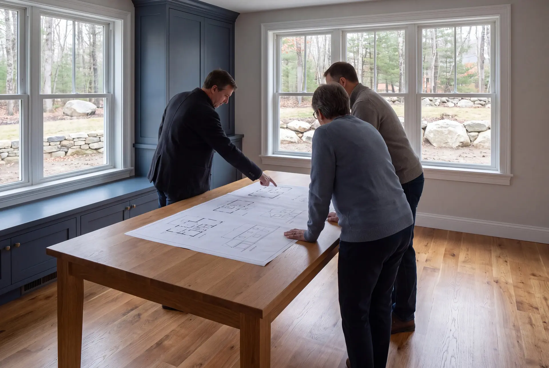 Illustration: Three people, a builder and two homeowners, review architectural drawings on an oak table in a finished living room with blue cabinetry and oak floors