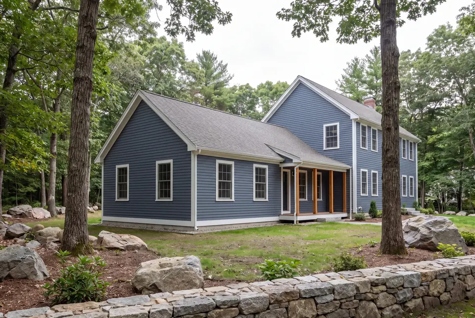 home addition builder in Scarborough, ME: illustrative scene, A blue clapboard house with a new single-story addition and a covered porch, surrounded by trees and rocks
