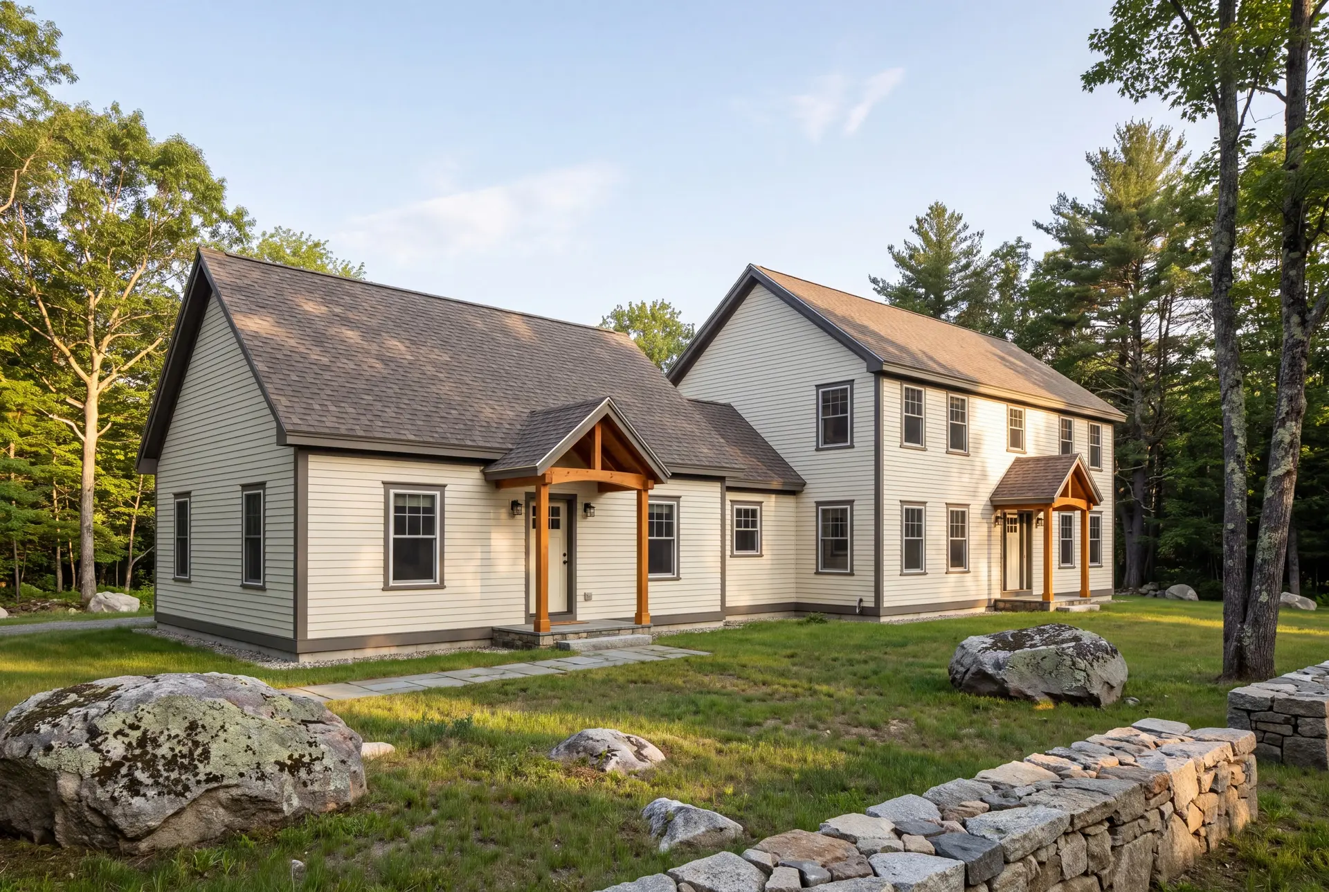 Illustration: An illustration of a two-story house with a single-story addition, both with ivory siding and dark roofs, set in a grassy landscape with trees and boulders