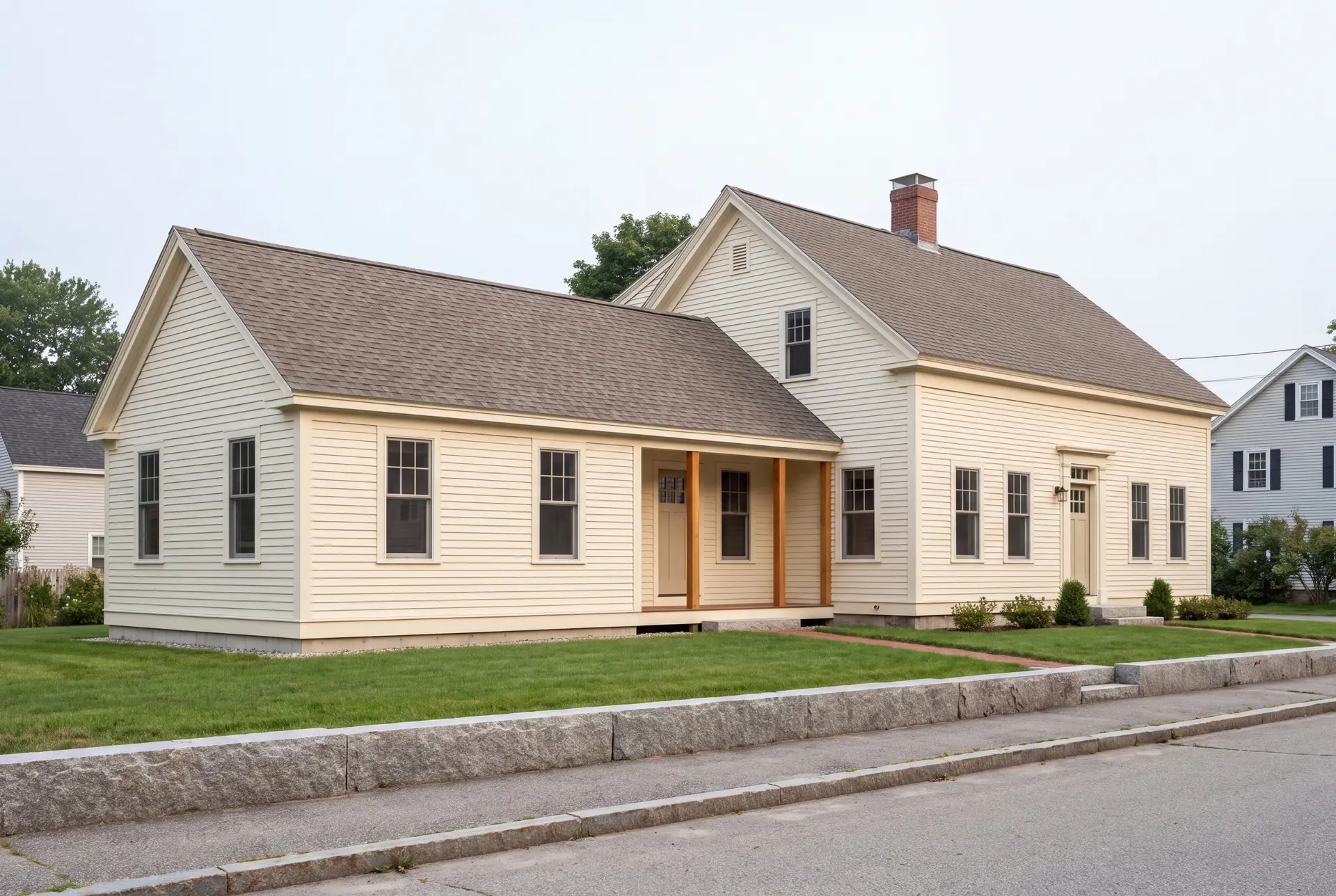Illustration: A completed single-story house addition in warm ivory clapboard siding, joined to a traditional New England saltbox house, viewed from a three-quarter exterior perspective