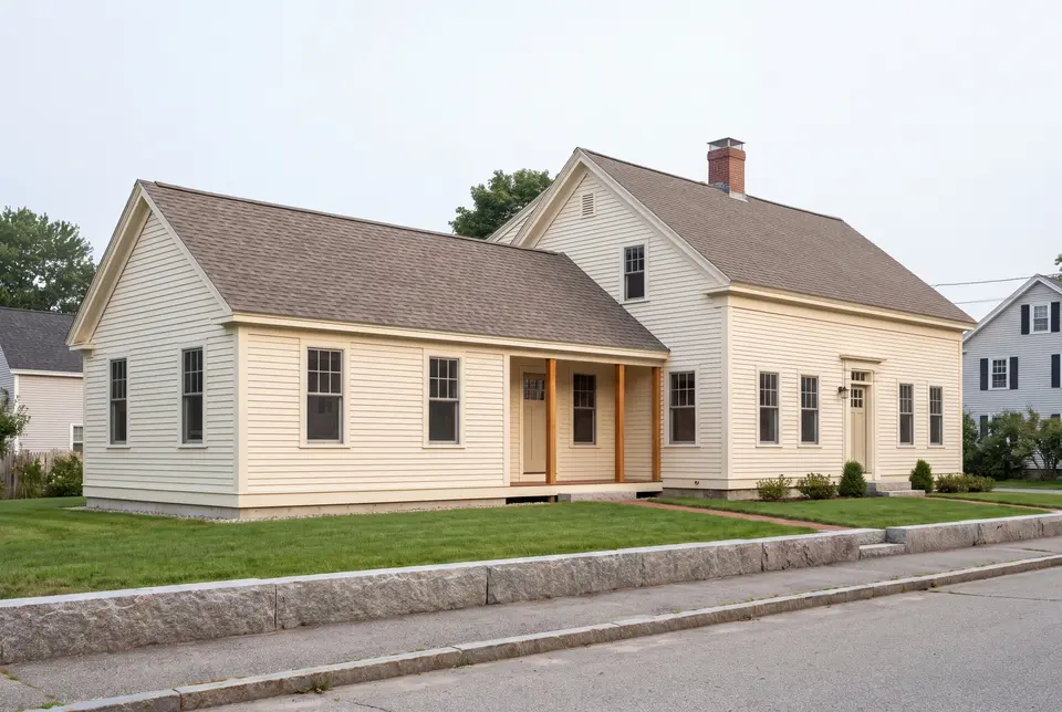 Illustration: A completed single-story house addition in warm ivory clapboard siding, joined to a traditional New England saltbox house, viewed from a three-quarter exterior perspective