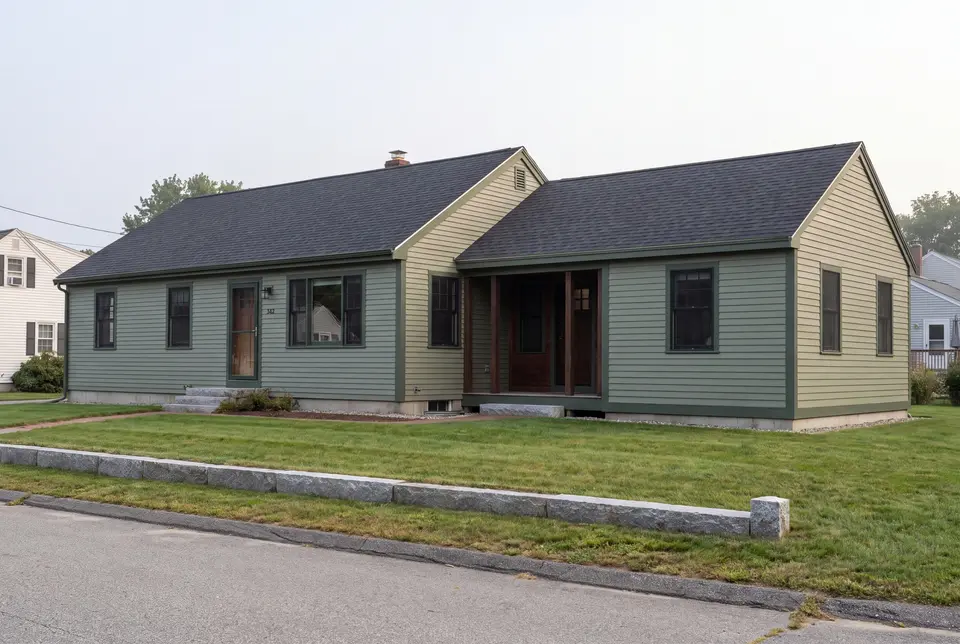 Illustration: A sage green single-story house with a dark roof and a new addition, viewed from a three-quarter exterior perspective