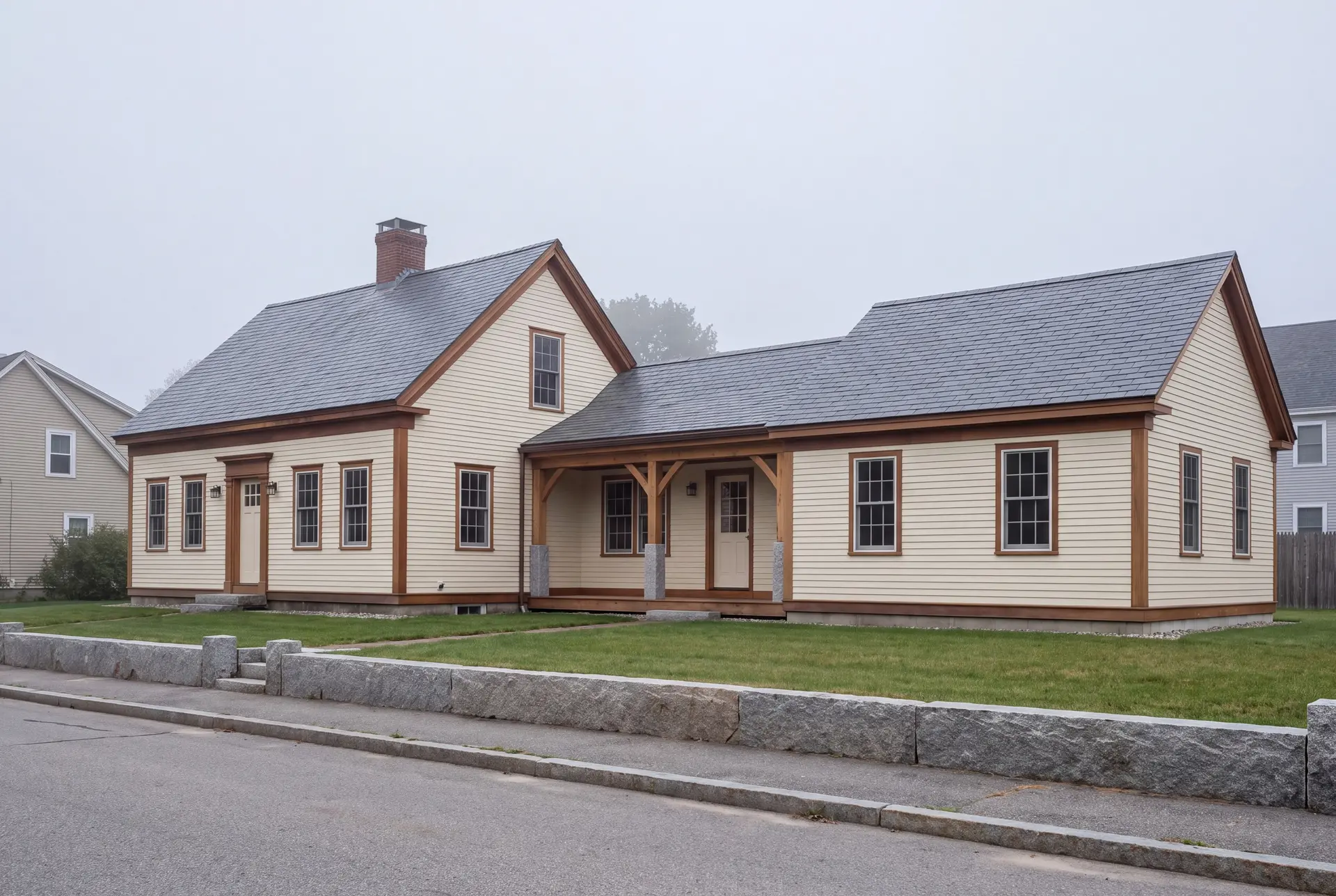 Illustration: A completed single-story house addition in warm ivory clapboard siding, brown trim, and a dark gray roof, connected to an older cottage, viewed from the exterior on an overcast day
