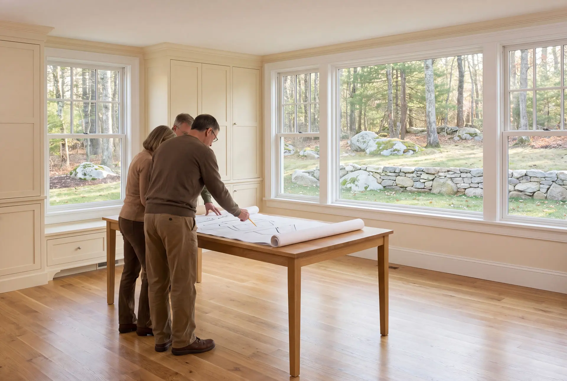 Illustration: Three adults, a builder and two homeowners, review abstract floor-plan and elevation line drawings on a plain oak table in a spotless finished living room with warm ivory cabinetry, white-trimmed windows, and new oak floors