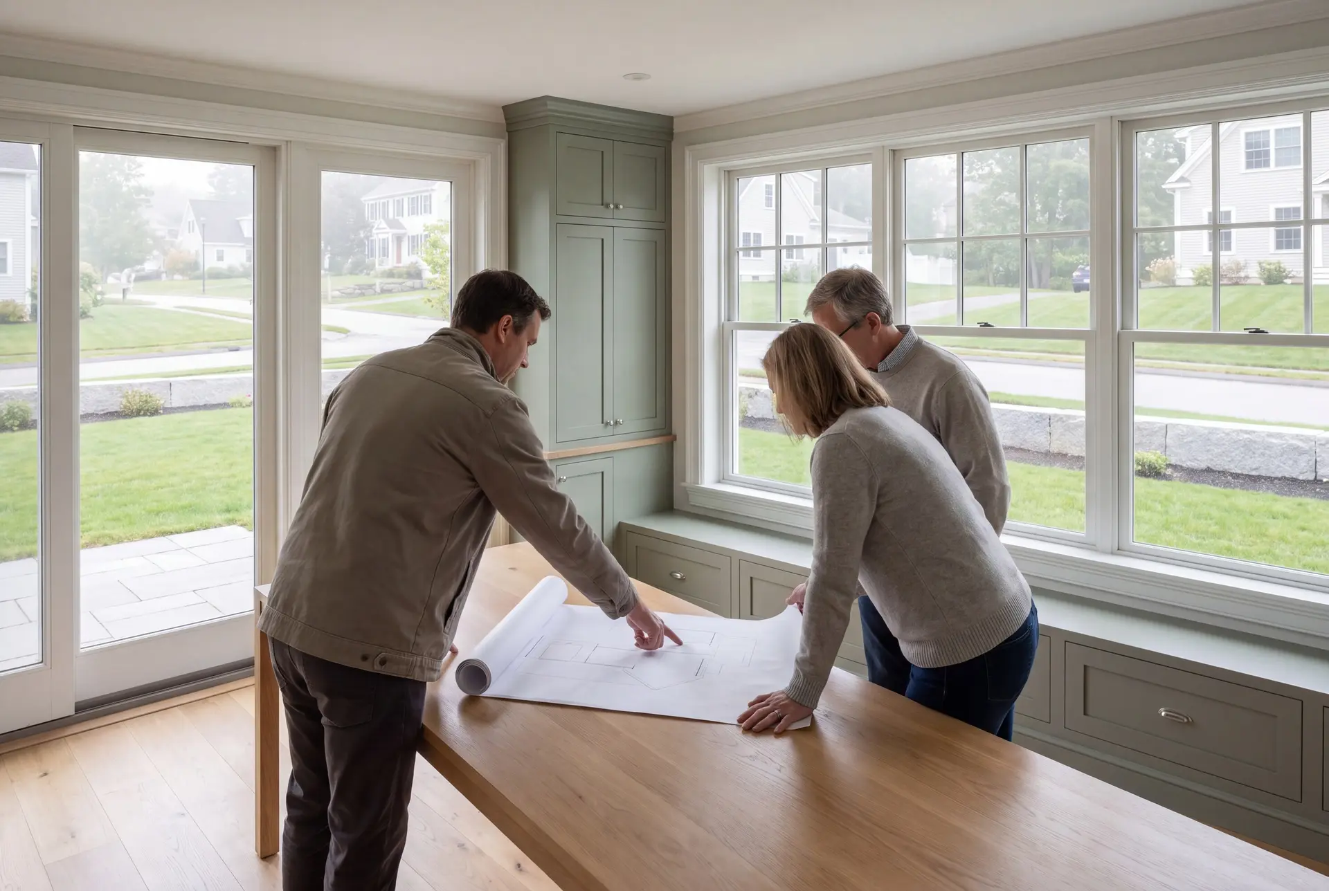 Illustration: Three people, a builder and two homeowners, review architectural drawings on a large oak table in a bright living room with sage green cabinets and large windows
