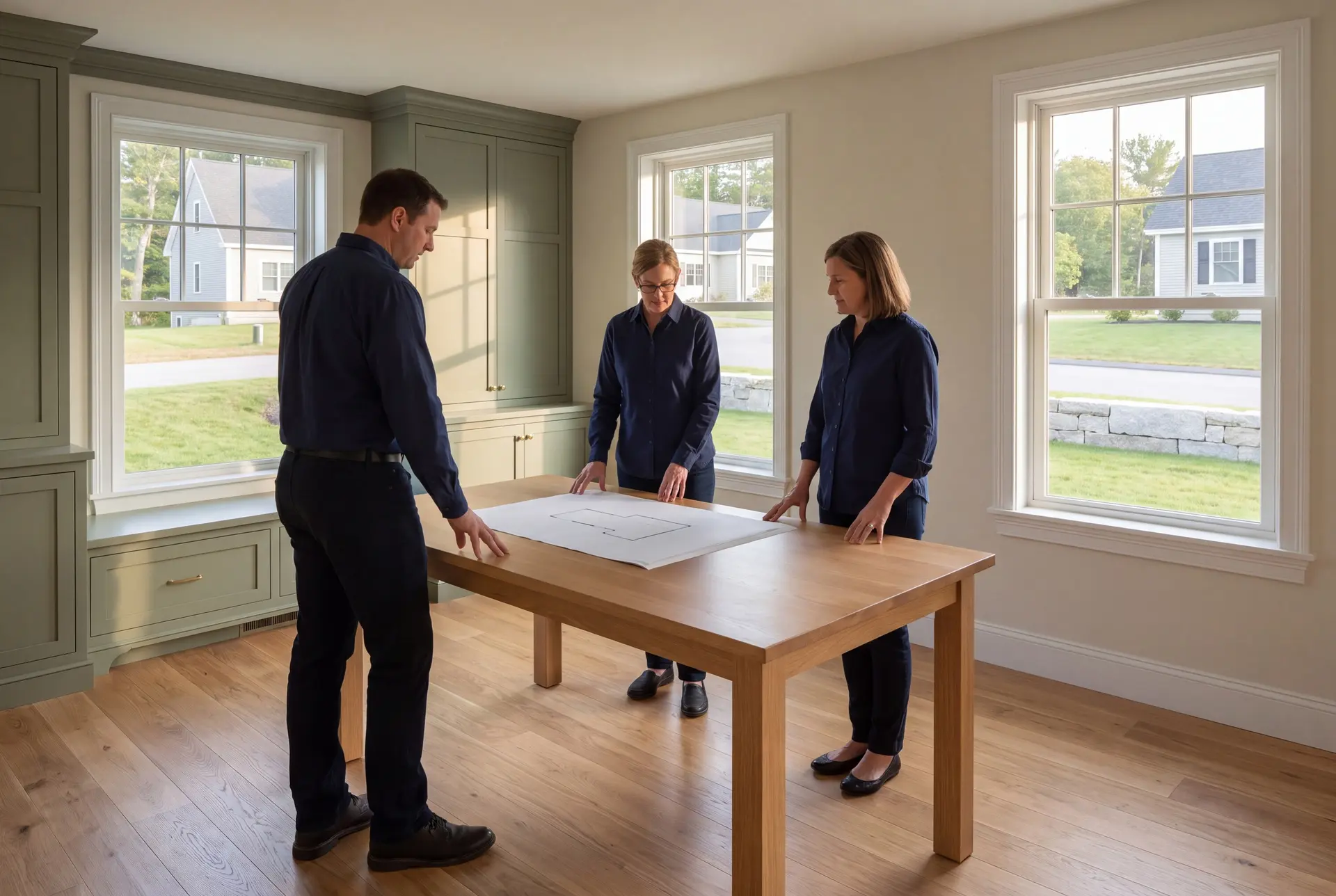 Illustration: Three people in navy shirts and dark pants stand around a light wood table with a blueprint on it, in a room with sage green cabinets, wood floors, and white windows