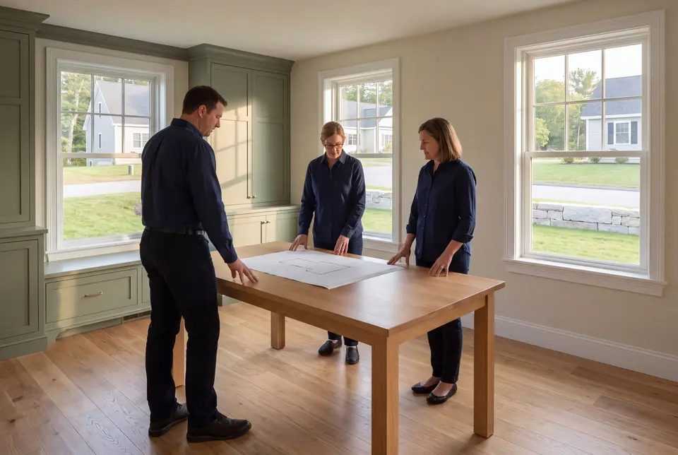 Illustration: Three people in navy shirts and dark pants stand around a light wood table with a blueprint on it, in a room with sage green cabinets, wood floors, and white windows
