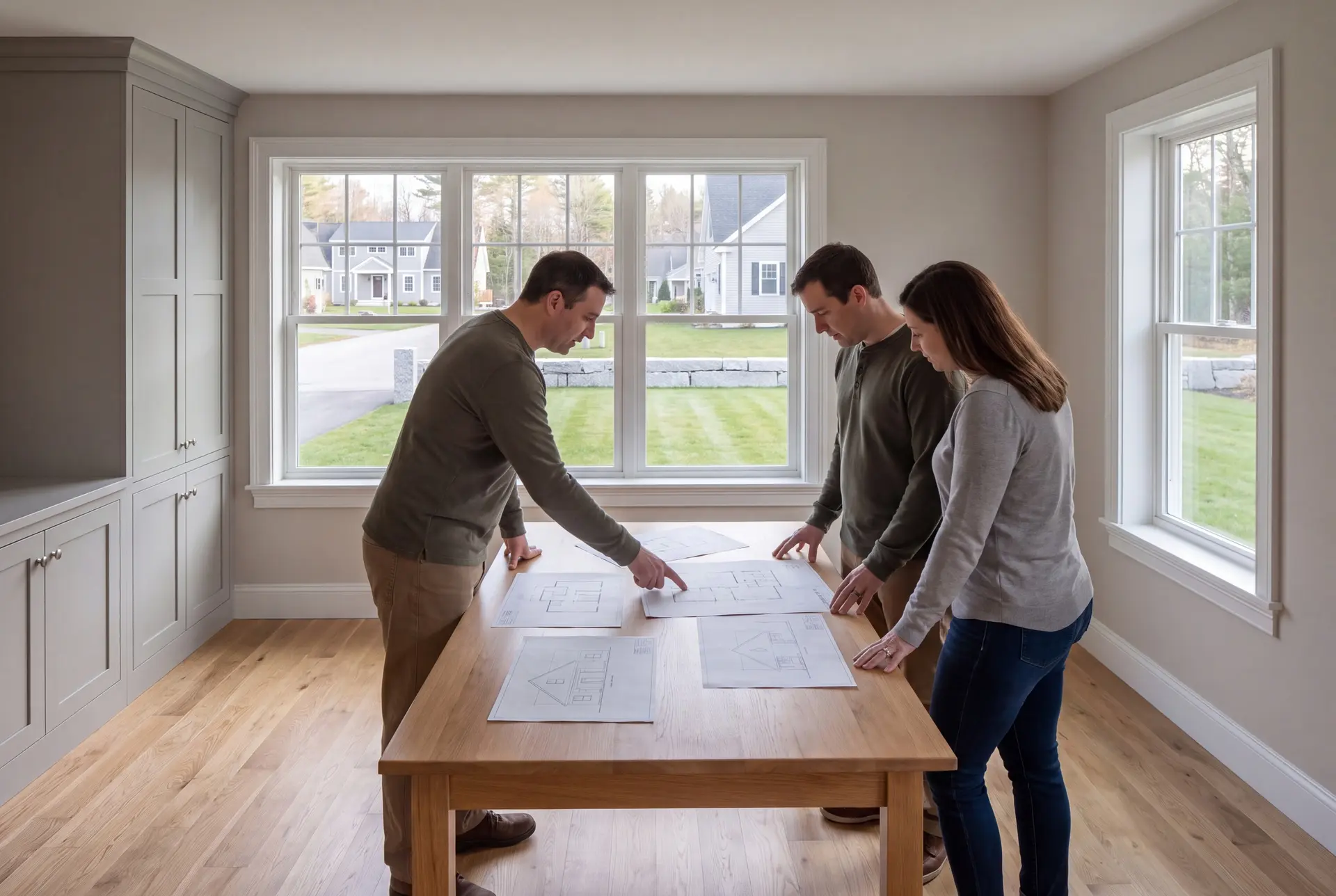 Illustration: Three people, two men and one woman, stand around a wooden table in a finished living room, looking at architectural drawings. One man points to a drawing. The room has light gray cabinets, light walls, and oak floors, with windows showing a neighborhood outside