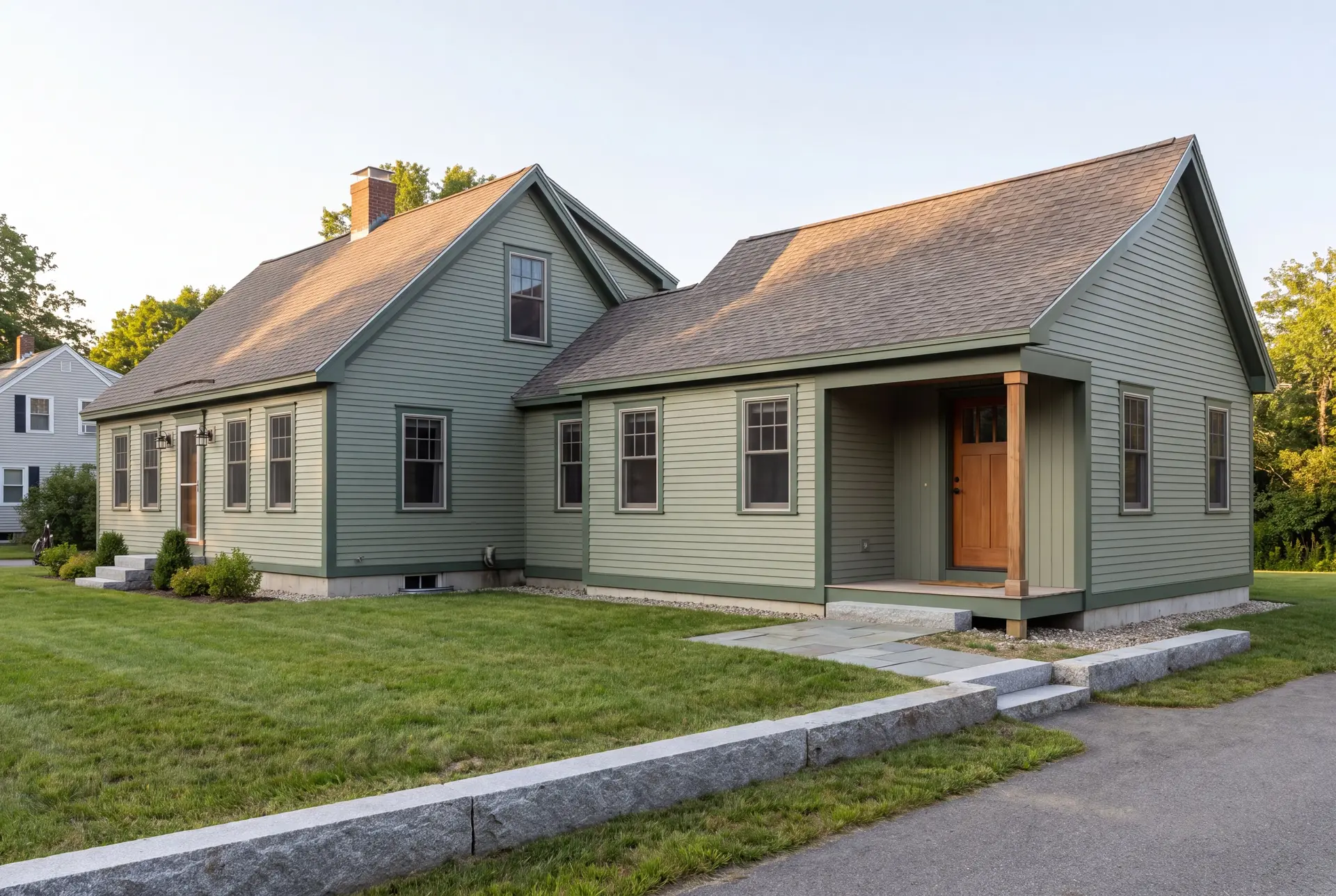Illustration: An exterior three-quarter view of a sage green house with a new single-story addition, featuring matching siding, trim, and roof