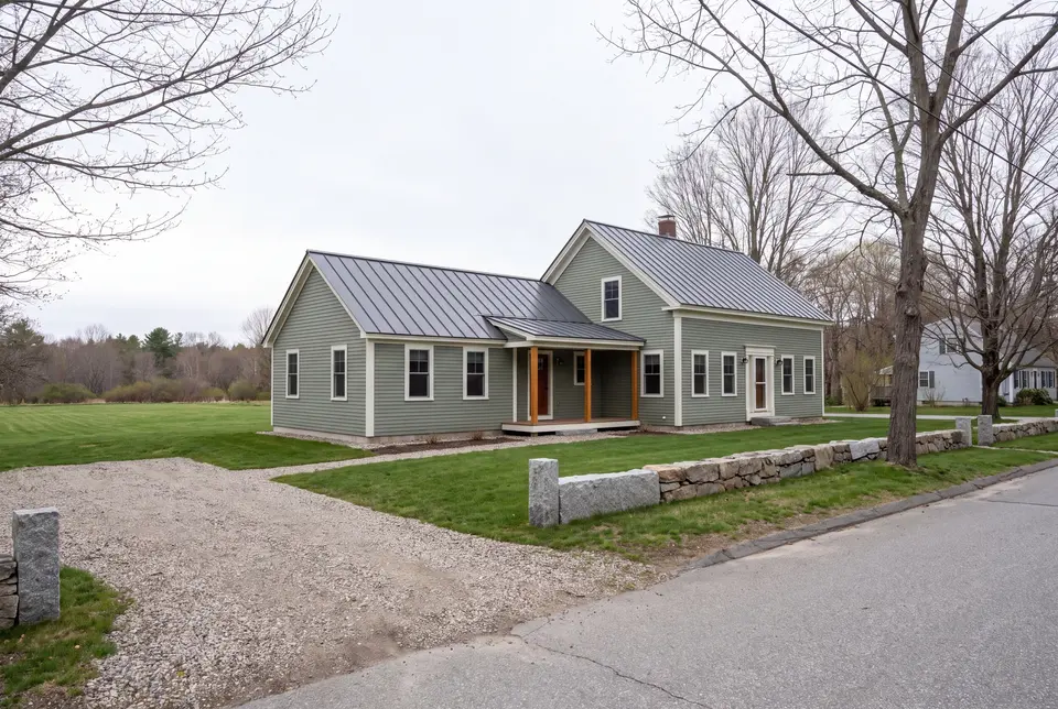 home addition builder in Standish, ME: illustrative scene, An exterior three-quarter view of a sage green farmhouse with a new addition, featuring a dark metal roof and a covered porch with wooden posts