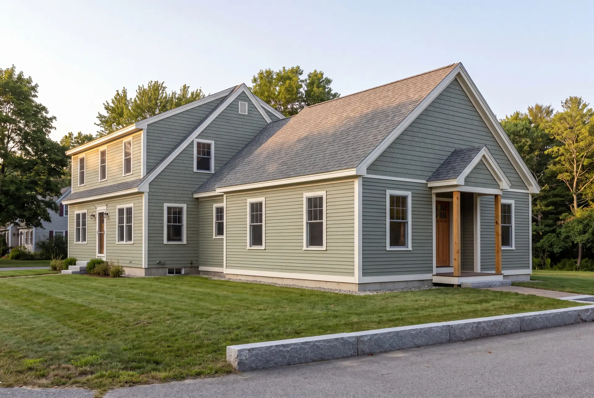 Illustration: A sage green house with a new single-story addition, featuring matching siding, roof, and trim, viewed from a three-quarter exterior perspective