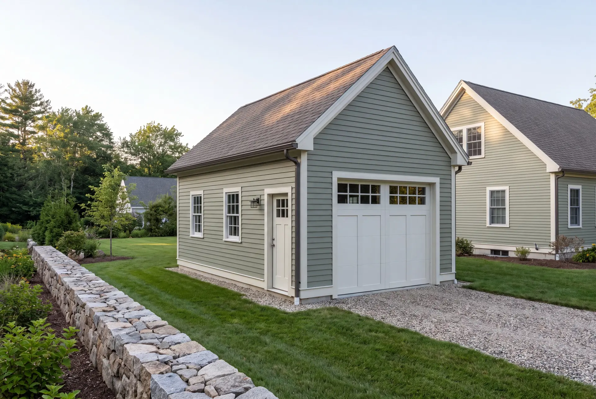Illustration: A newly built, detached sage green garage with a white carriage-style door and a gravel driveway, next to a matching house