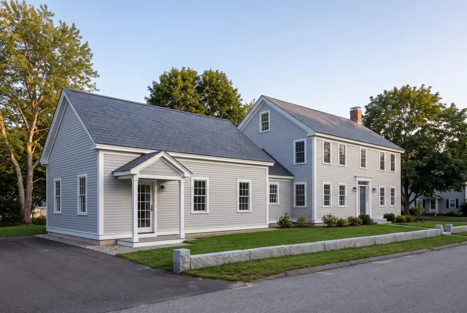 Illustration: A light gray Colonial house with a new single-story addition, featuring matching architectural details and a dark gray roof, viewed from a three-quarter exterior perspective