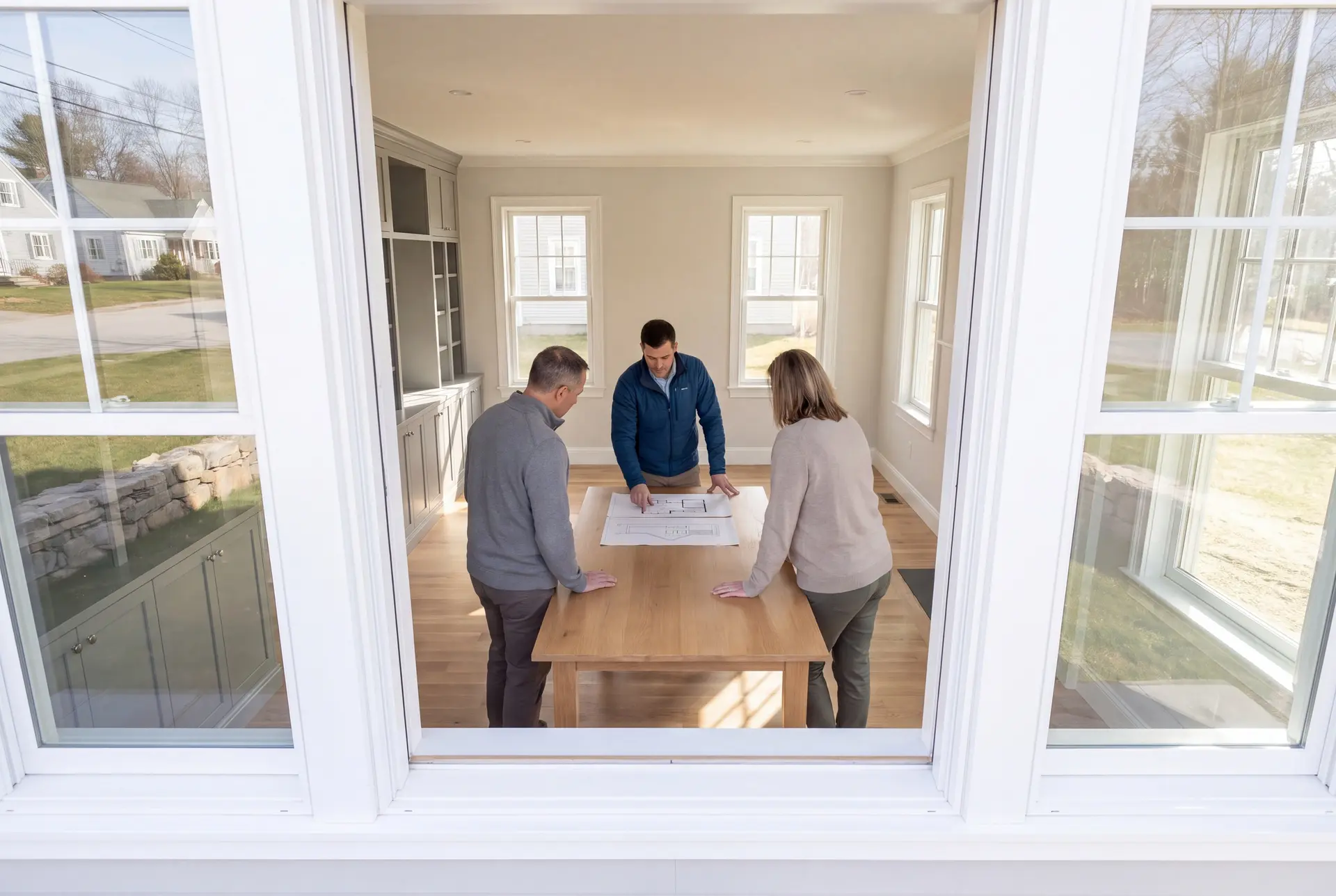 Illustration: Three people, a builder and two homeowners, review architectural drawings on an oak table in a finished living room with gray cabinets and oak floors