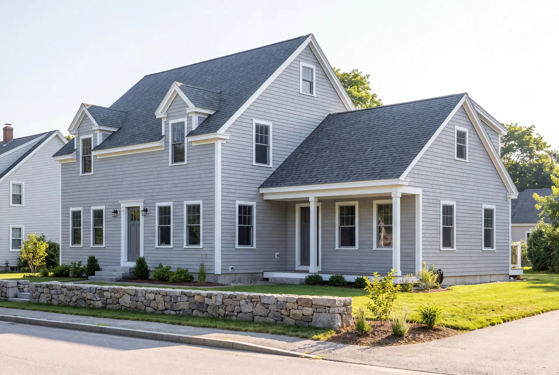 Illustration: A light gray shingle-style house with a dark gray roof and a single-story addition, viewed from a three-quarter exterior angle
