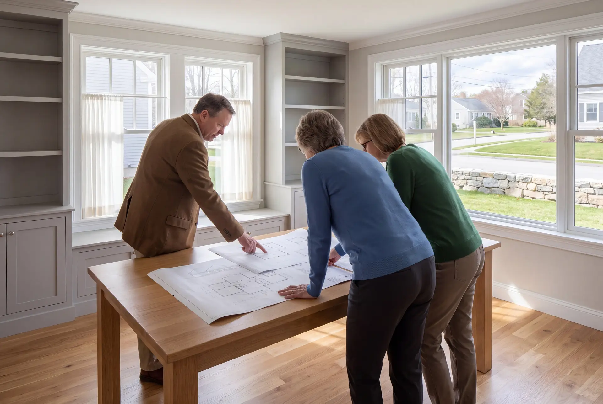 Illustration: Three adults, a man and two women, are reviewing architectural drawings on an oak table in a finished living room with gray cabinets, white windows, and oak floors