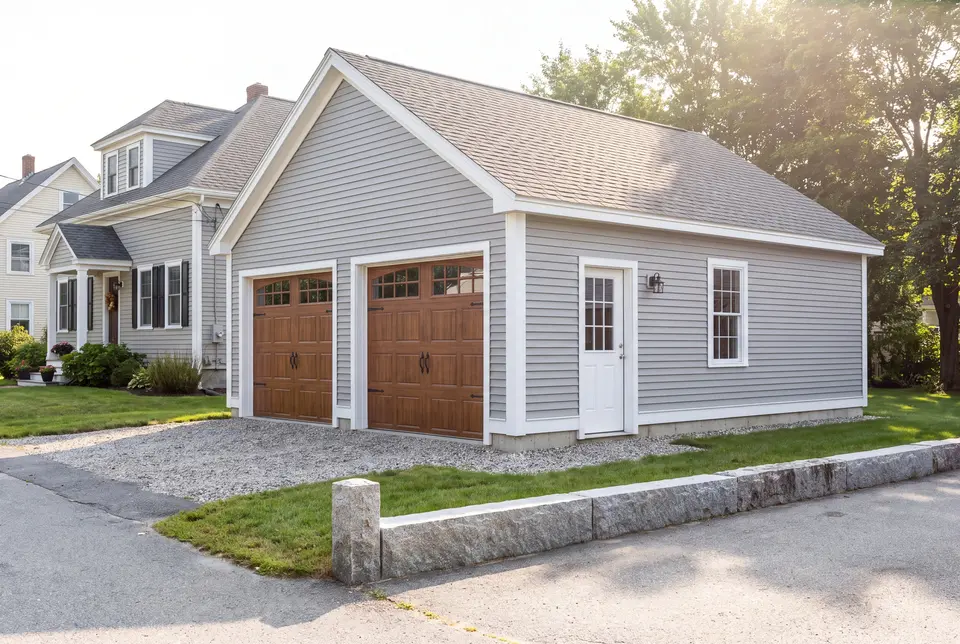 Illustration: A newly built, detached two-bay garage with light gray siding, brown carriage-style doors, and a gravel driveway next to a house