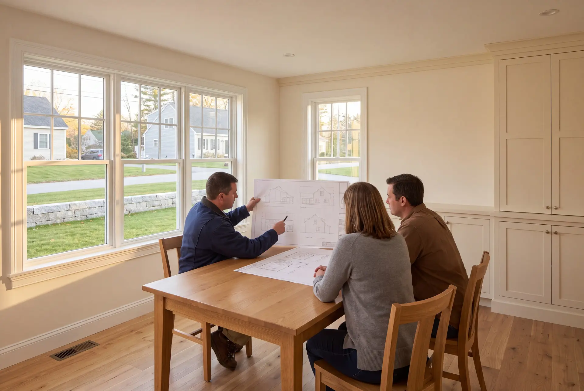 Illustration: Three people, a man and a couple, are seated at a wooden table, looking at architectural drawings. The man on the left points to the drawings. The room is bright with large windows and light-colored walls and cabinetry
