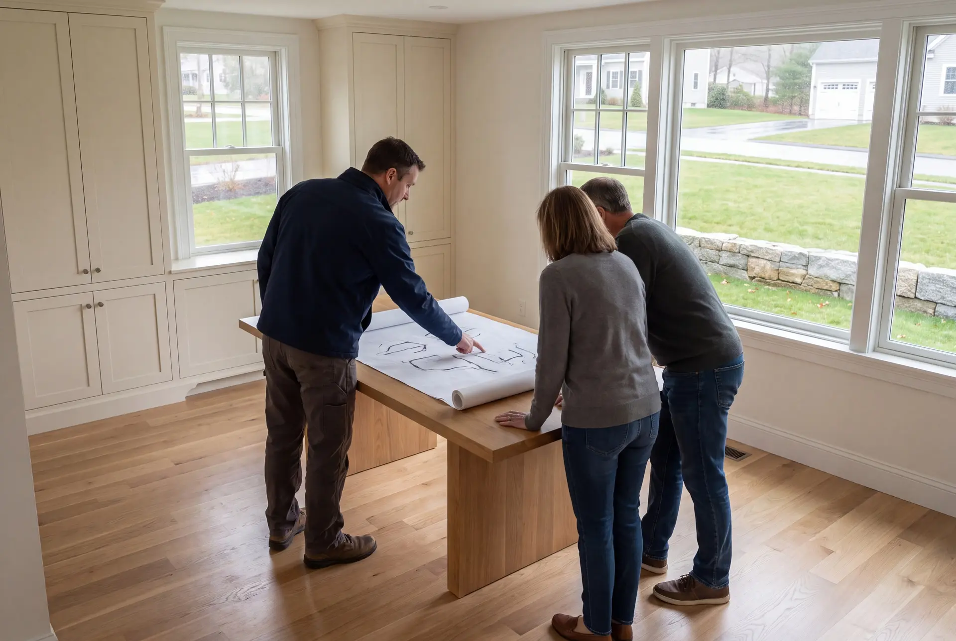 Illustration: Three people, a builder and two homeowners, are gathered around a table in a finished living room, looking at architectural drawings