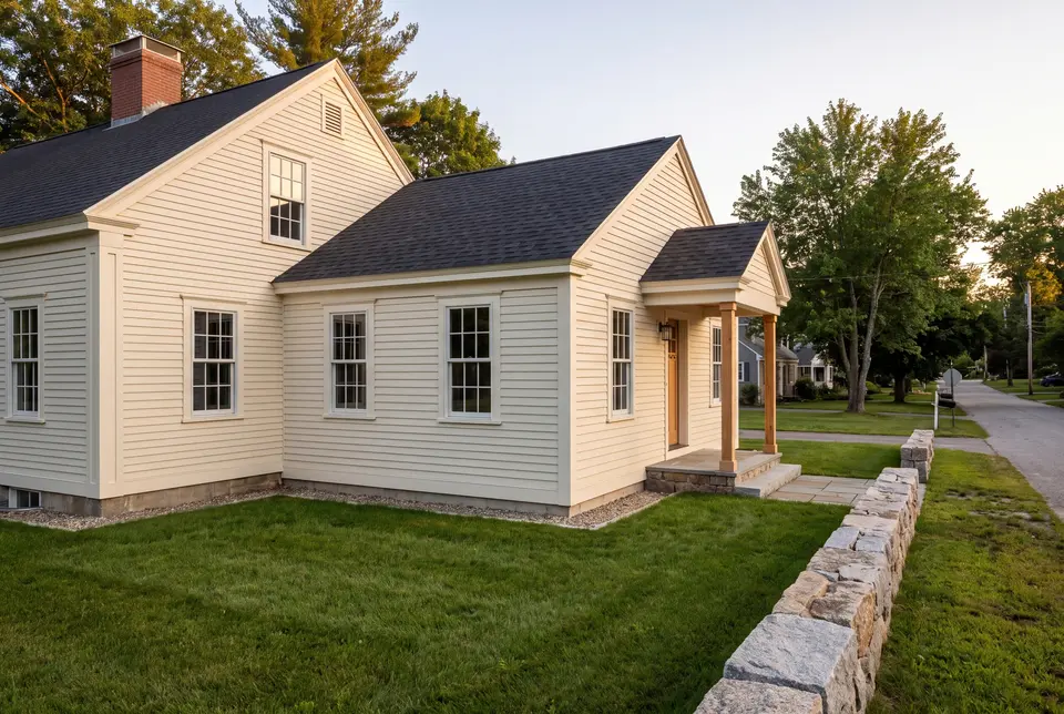 Illustration: A cream-colored clapboard house with a new addition and covered entry, viewed from a three-quarter exterior angle, with a stone wall and street in the foreground