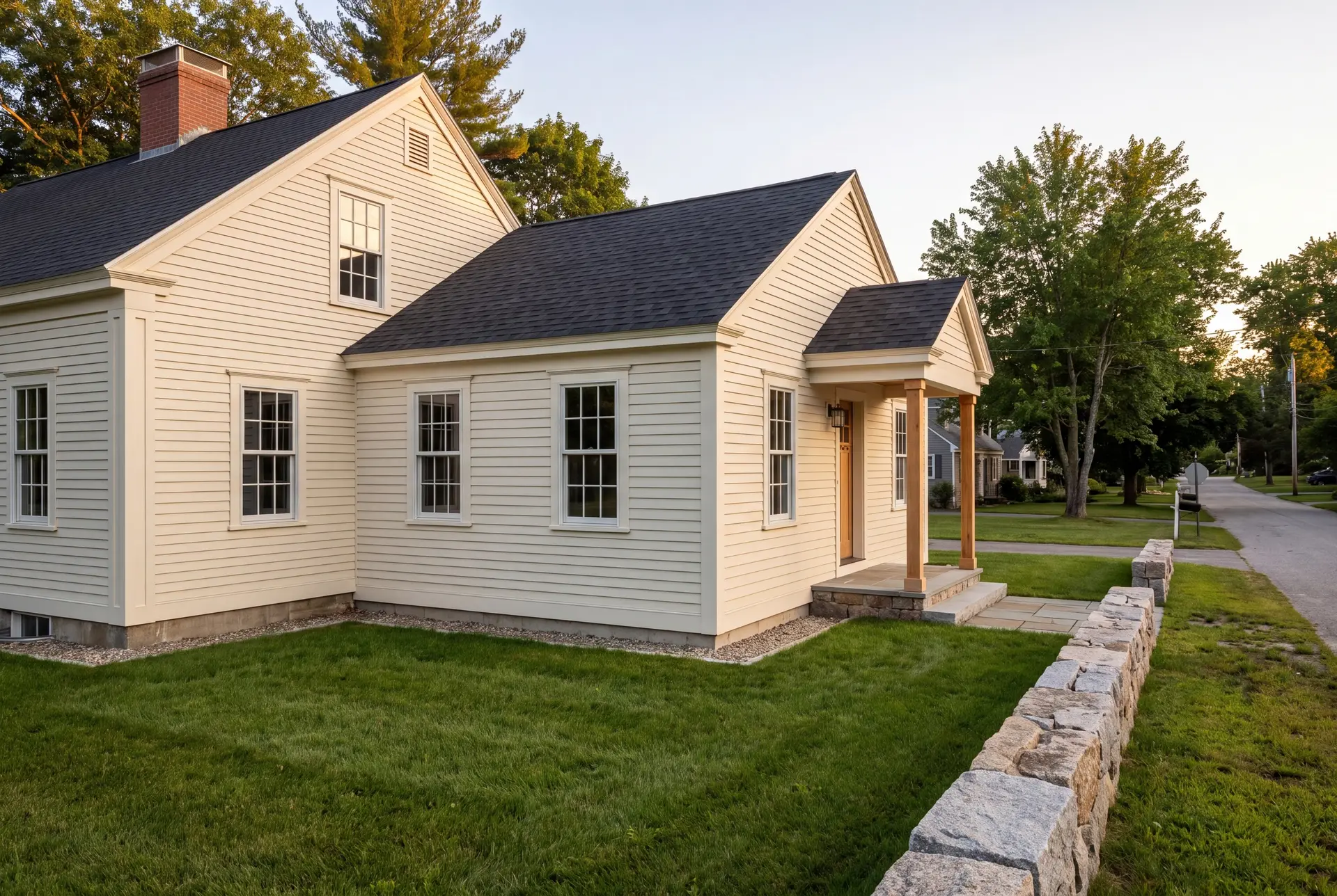 Illustration: A cream-colored clapboard house with a new addition and covered entry, viewed from a three-quarter exterior angle, with a stone wall and street in the foreground