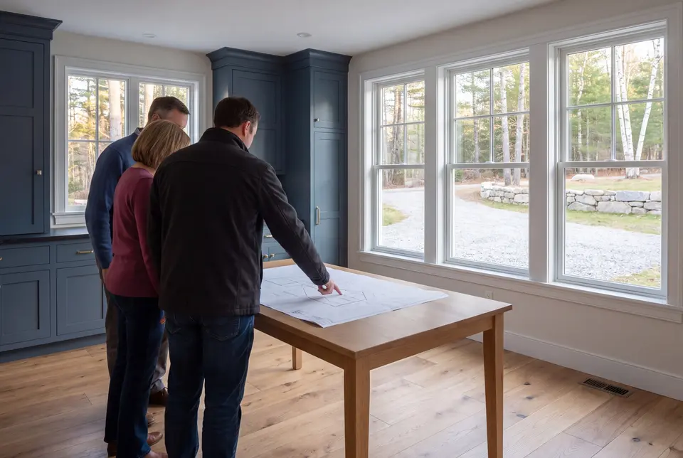 Illustration: Three people, seen from behind, stand around a table in a modern living room, looking at architectural drawings. The room has blue cabinets, large windows, and wood floors