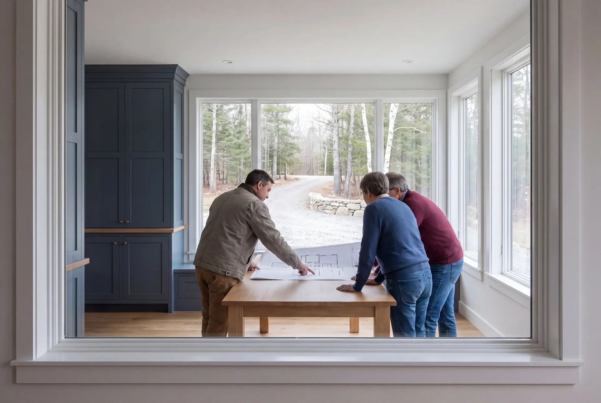 Illustration: Three people reviewing a floor plan on a table in a modern living room with large windows overlooking a wooded area