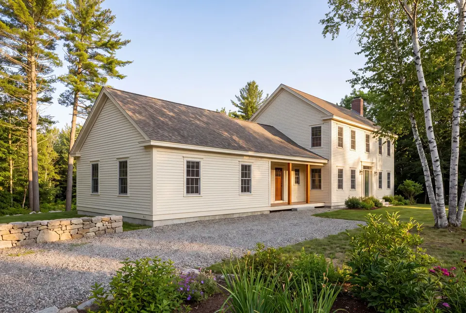 Illustration: An exterior three-quarter view of a two-story Colonial house with a single-story addition, both in warm ivory clapboard siding, surrounded by a gravel driveway, lawn, and trees