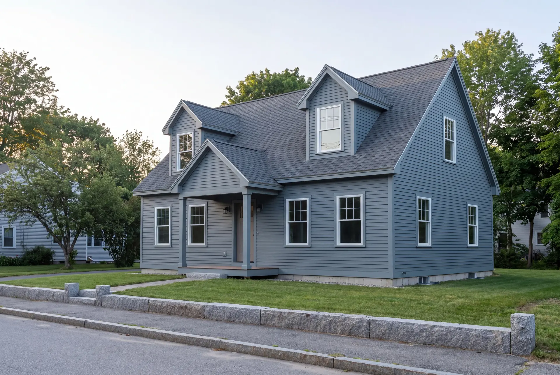 Illustration: A newly built Cape house with blue-gray siding and a dark gray roof, seen from a three-quarter angle