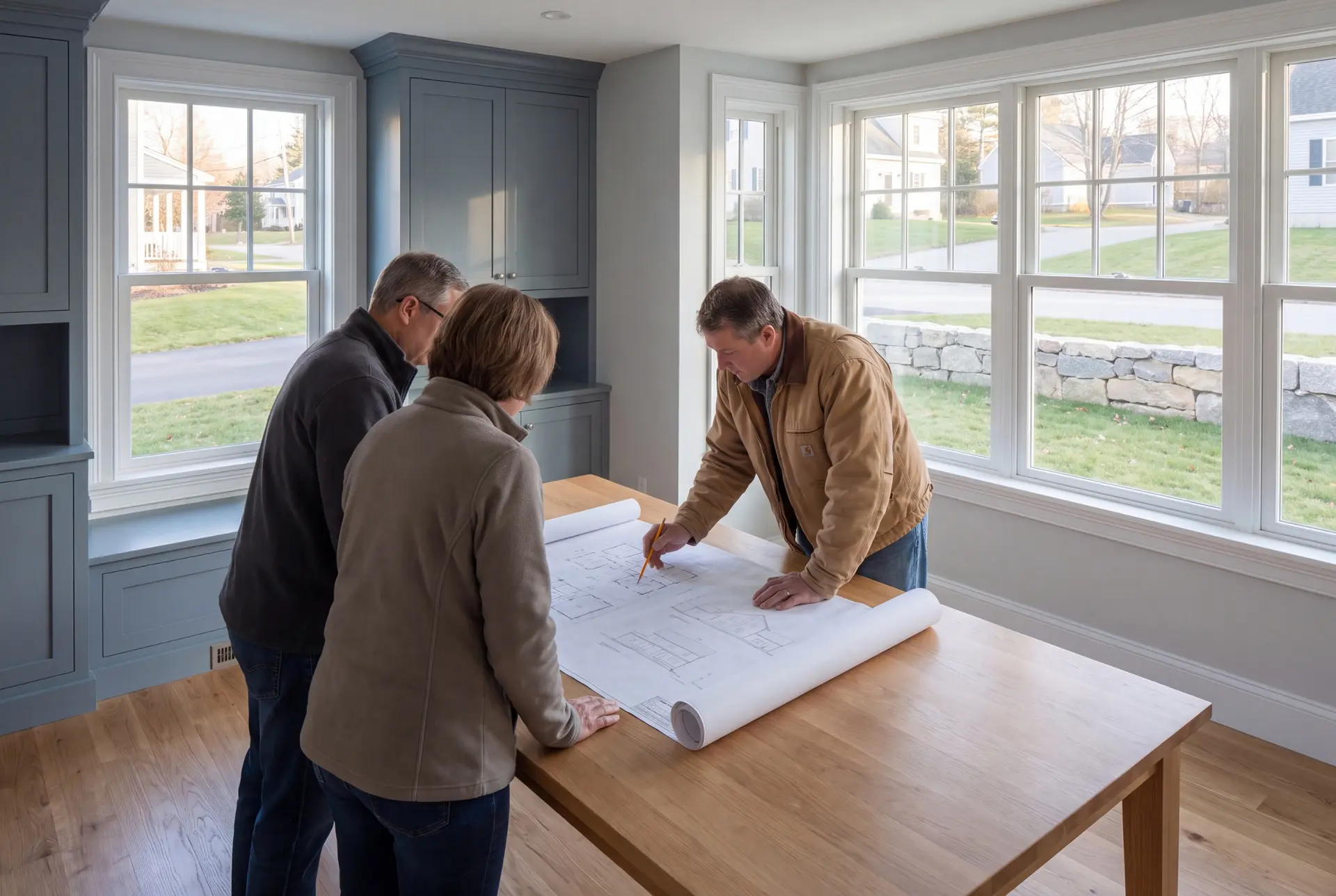 Illustration: Three people, a builder and two homeowners, reviewing architectural drawings on an oak table in a finished living room with blue-gray cabinets and oak floors