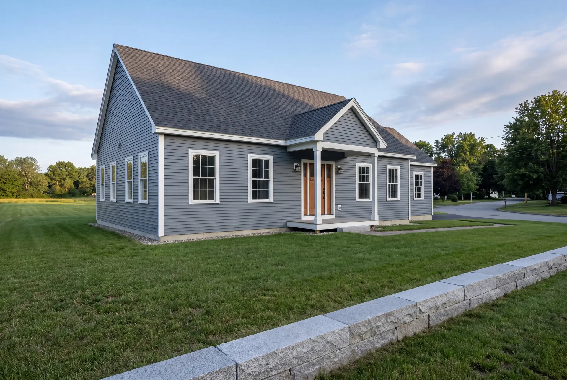 Illustration: A newly built single-story house with blue-gray siding, a dark gray roof, and white-trimmed windows, viewed from the front and side, with a covered entry porch