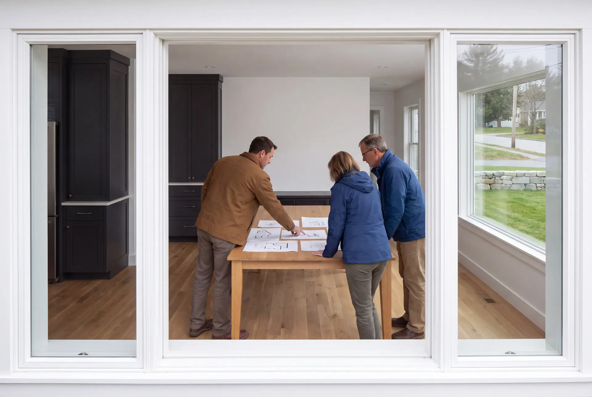 Illustration: Three people, a builder and two homeowners, review architectural drawings on an oak table in a modern living room with dark cabinetry and oak floors, seen through a window