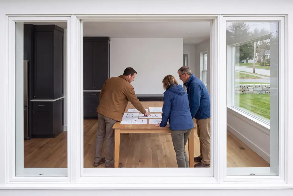 Illustration: Three people, a builder and two homeowners, review architectural drawings on an oak table in a modern living room with dark cabinetry and oak floors, seen through a window