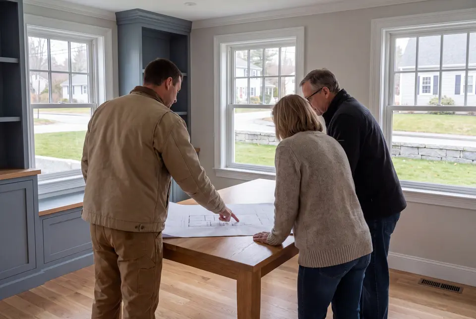 Illustration: Three people, a builder and two homeowners, reviewing architectural drawings on an oak table in a finished living room with blue-gray cabinetry and oak floors