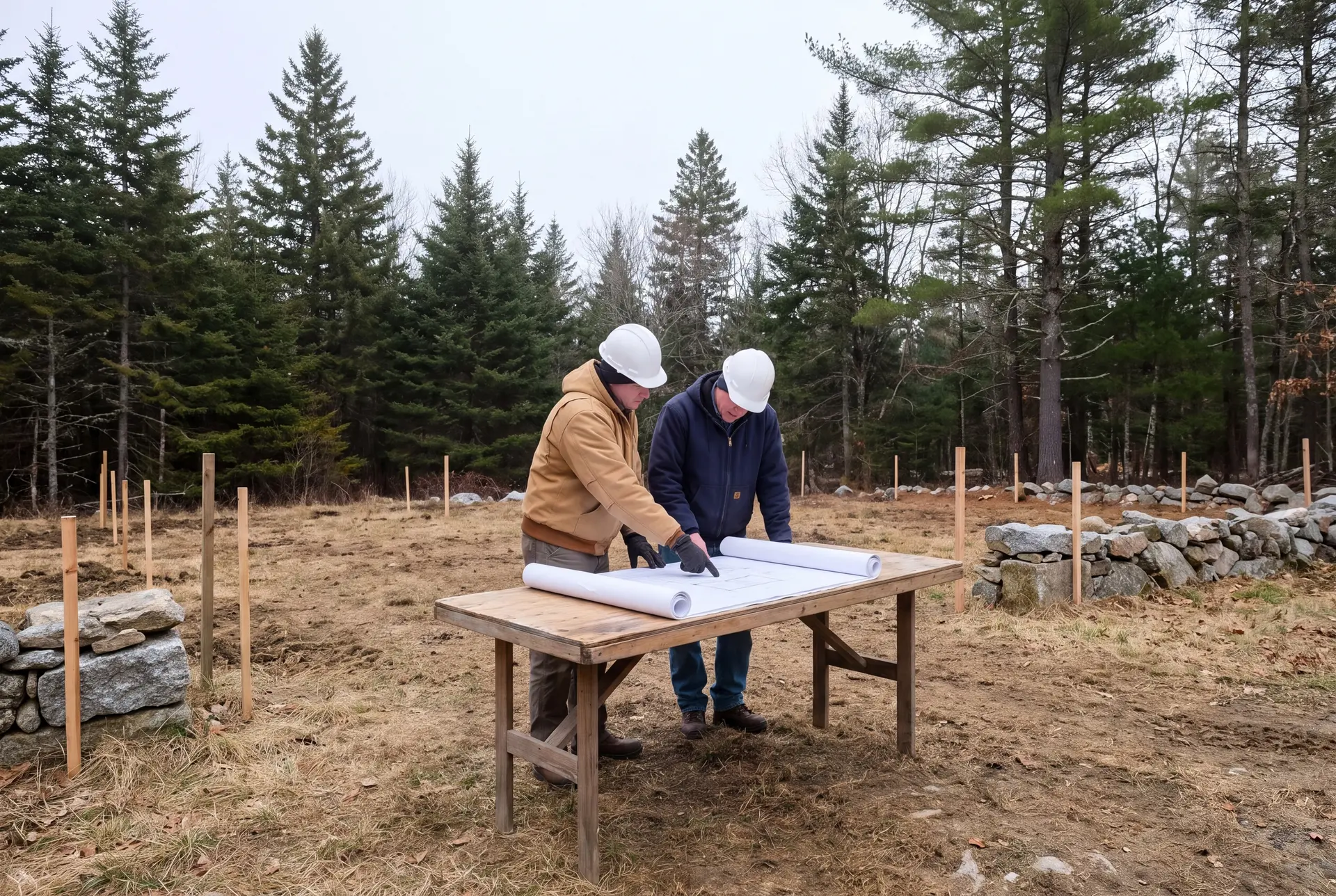 Illustration: Two men in hard hats review blueprints on a table outdoors on a construction lot