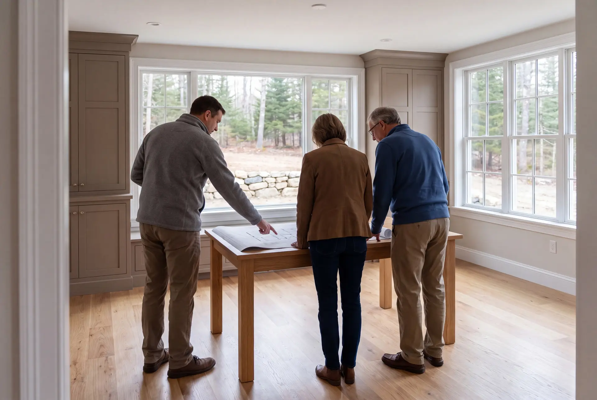 Illustration: Three people, a builder and two homeowners, reviewing blueprints on an oak table in a finished living room with taupe cabinets, white windows, and oak floors